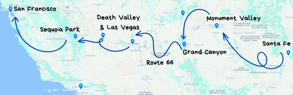 Carte itinéraire sur mesure road trip USA